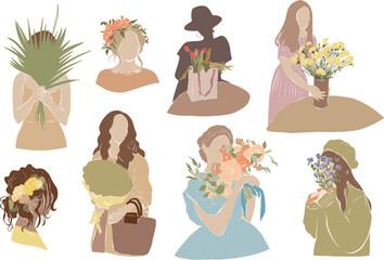 Set of vector hand drawn illustrations of girls with flower bouquets