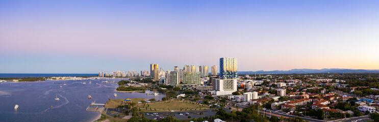 Fototapeta na wymiar Panorama of Southport and the Gold Coast Broadwater