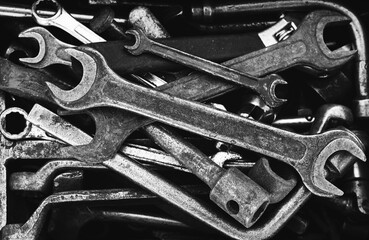 Toolbox of different hand tool at garage background