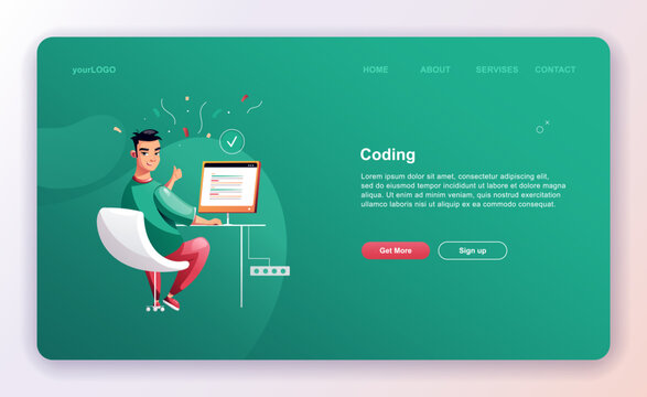 Programming concept, web engineer at work, vector images. Developer programming web site landing page template.