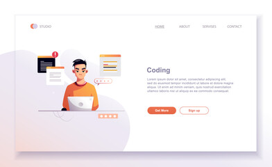 Programming concept, Character web Coder at work, vector illustration. Developer programming web site landing page template.