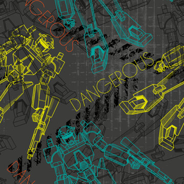 Abstract seamless robot pattern. Colorful technical robotic repeat print. Cartoon character robotically men on dark background. Powerful hero repeated ornament.
