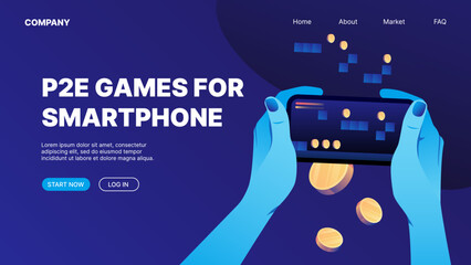 P2E Games for Smartphones. Horizontal Landing Page for Website Template. Vector illustration