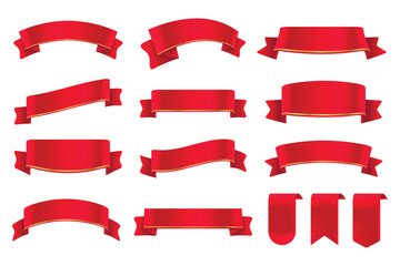 Set of Red Ribbons and Tags isolated on white background. 3D Vector Illustration.