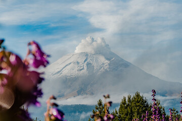 View of the Popocatepetl volcano in Puebla, Mexico