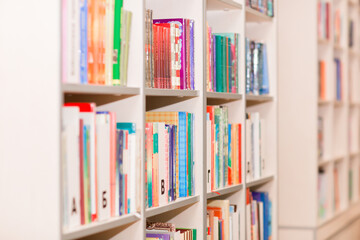 Library. Bookshelves. Bookcase with children's books.