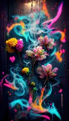 Fototapeta na wymiar Abstract multicolored wonderful flowers. Lots of colored airy flowers, colored paints, rainbows and multicolored smoke. Colorful rainbow illusion. The concept of dreams and illusions.