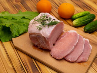 Fresh raw pork meat close-up. Preparing for frying. Pork steak.