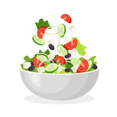Greek salad on a plate. Set of fresh vegetables falling in the bowl. Vector illustration isolated on a white background.