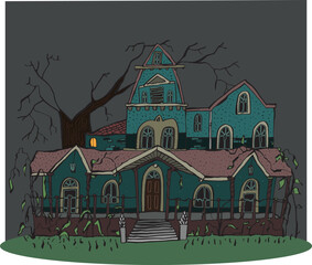 mysterious Victorian villa, abandoned house with a curious little light on in a small room in the attic, with trees with scary branches, night landscape