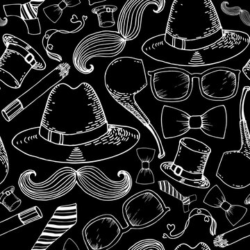 White Chalk Hand Drawn Men Accessory set. Seamless pattern. Hat, pipe, tie, bow tie, sunglasses, mustache. Vector illustration.