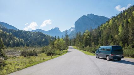 van beside the country road to ahornboden, tirolean alpine landscape Risstal valley