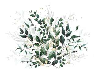 Watercolor greenery bouquet on white background. Green, blue, golden wild eucalyptus branches, leaves arrangement.