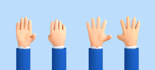 Obraz premium Vector cartoon open palm, hello gesture. Five fingers, hello palm isolated on blue background. 3D cartoon hand goodwill gesture.