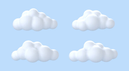3D white clouds isolated on blue background.  Round cartoon cloud icons. Vector 3d illustration.
