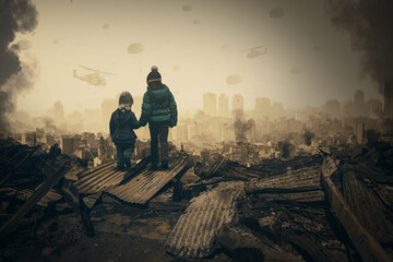 Two homeless little girl walking in ruined city, soldiers and helicopters are still attacking the city