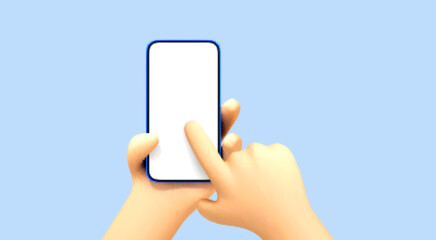 Smartphone in cartoon hand with blank white screen and forefinger touching it isolated on blue background. Vector 3d illustration.