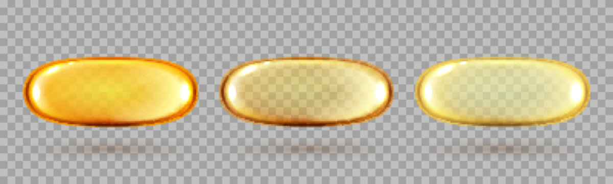 Gold oil bubbles isolated on transparent background. Cosmetic vitamin capsule or omega 3 oil capsule. Vector realistic serum of collagen essence.
