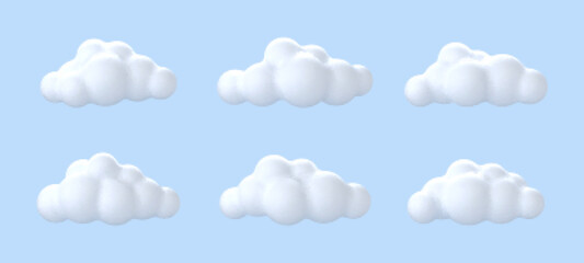 3D white clouds isolated on blue background. Cartoon cloud icons set. Vector 3d illustration
