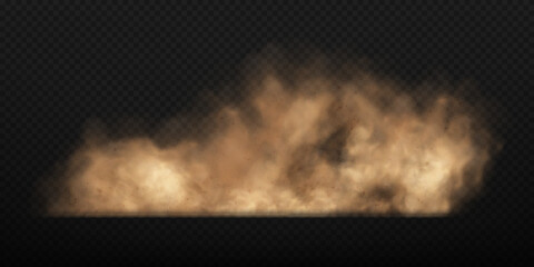 Dust sand cloud with stones and flying dusty particles isolated on transparent background. Brown dusty cloud or dry sand flying. Realistic vector illustration.