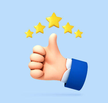 3D cartoon thumb up with a five star rating. Customer evaluation. Customer review rating. Vector 3d illustration.