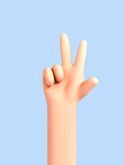 3D cartoon human hand showing two fingers isolated on blue background. Love and peace. Peace gesture hand icon. Vector 3d  illustration.