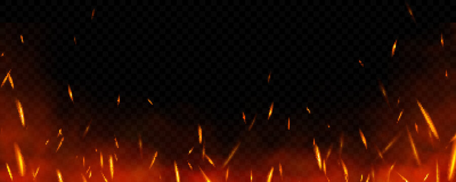 Realistic fire sparks on transparent background. Vector illustration of burning particles and smoke rising in air.
