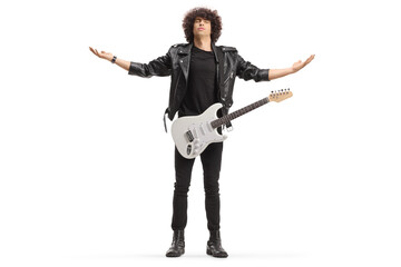 Full length shot of a man in a black leather jacket with an electric guitar gesturing with hands