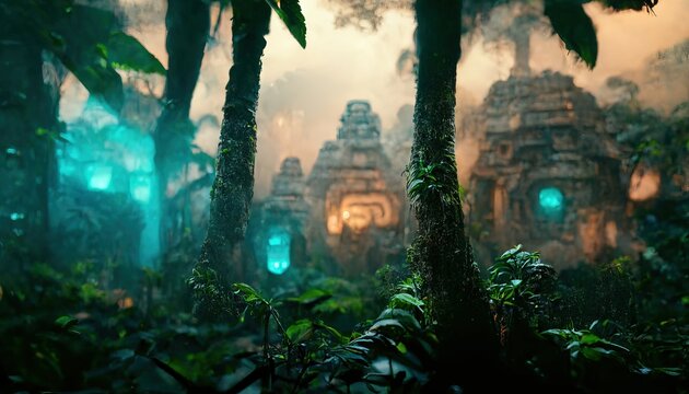 A 3D Illustration of an ancient temple in the middle of the tropical forest with leaves and trees
