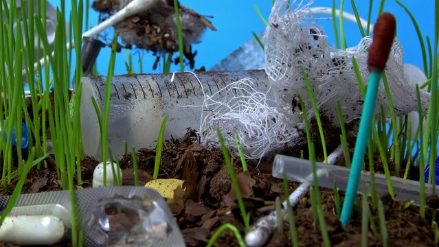 Polluted earth by used medical needles and bandages with ear sticks among growing grass in timelapse. Irresponsible attitude to nature. Disastrous effects of non-recyclable garbage on the soil