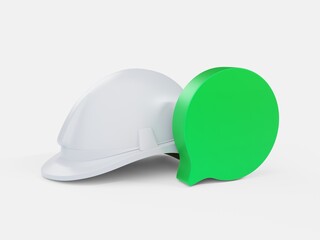 Dialogue with an engineer at a construction site. Stylized infographic - helmet and pop-up message notification. 3d rendering.