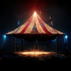 A 3D Illustration of a Circus tent with red colors and the lighting brighten the tent - obrazy, fototapety, plakaty