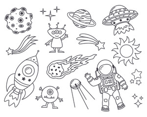 Doodle space bundle. Hand drawn cosmic collection. Exploration set. Astronaut, Rocket, Planet, Sun