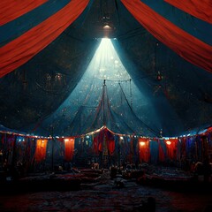 A 3D Illustration of a Circus tent with red colors and the lighting brighten the tent - obrazy, fototapety, plakaty