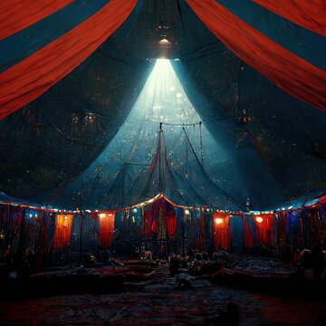 A 3D Illustration of a Circus tent with red colors and the lighting brighten the tent