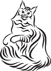 Fluffy cat sits half a turn. Calligraphic vector drawing. Black and white illustration. Line art. Tattoo design.