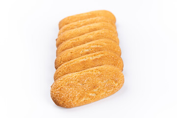 Line of handmade sugar cookies in line on white background