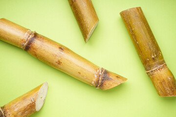 Sugar cane on a green background, closeup. Top view.