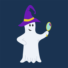 A cheerful cartoon ghost in a witch's hat looking in the mirror on dark blue background for halloween.