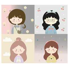 Cute girls vector cartoon set. Happy girl characters.