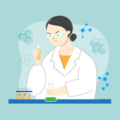 scientist holding a tube with liquid in a science lab vector