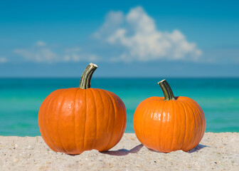 Pumpkins. Pumpkin on the beach. Autumn season composition. Two pumpkins on sea sand. Beach shore. Blue ocean on background. Autumn in Florida. Tropical nature. Copy space.