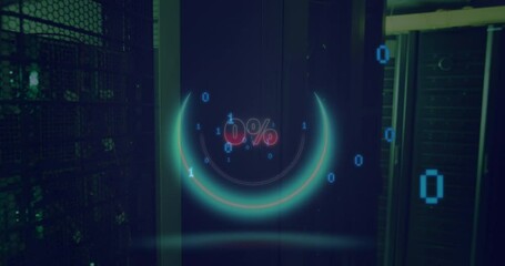 Animation of numbers and 0 percent over server room - Powered by Adobe