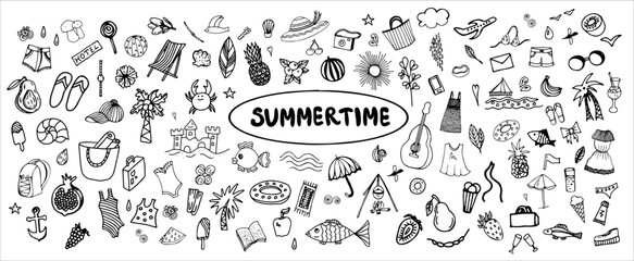 A set of various vector elements and symbols isolated on a white background. Collection of summer holidays at the sea, beach, exotic holidays. Vacations, trips abroad, travel, world tourism.