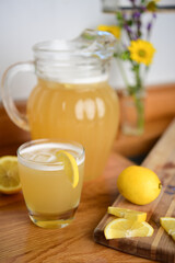 Cold refreshing lemonade glass with slices