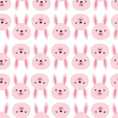 Obraz premium Rabbits, hares, bunnyes seamless pattern. Cute characters. Baby cartoon vector in simple hand-drawn Scandinavian style. Nursery illustration children print, baby shower.