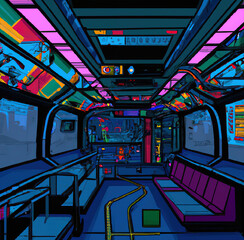 Cyberpunk futuristic subway station 3D illustration. Neon light and glow. Gaming conceptual tech design. Night and dark colors. Art for print on poster, card, canvas, cover, banner.