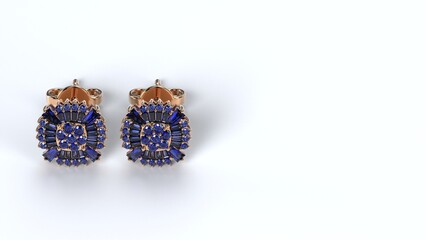 beautiful male or female earing color stones yellow or rose or white gold or platinum 3d render