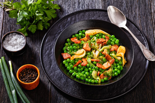 petits pois, french dish of garden green peas