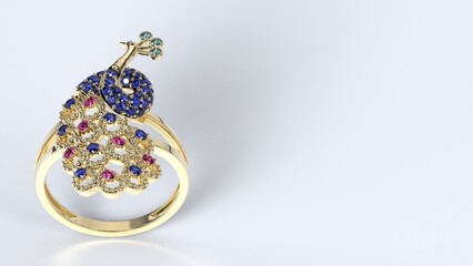 beautiful male or female peacock ring color stones yellow or rose or white gold or platinum 3d render